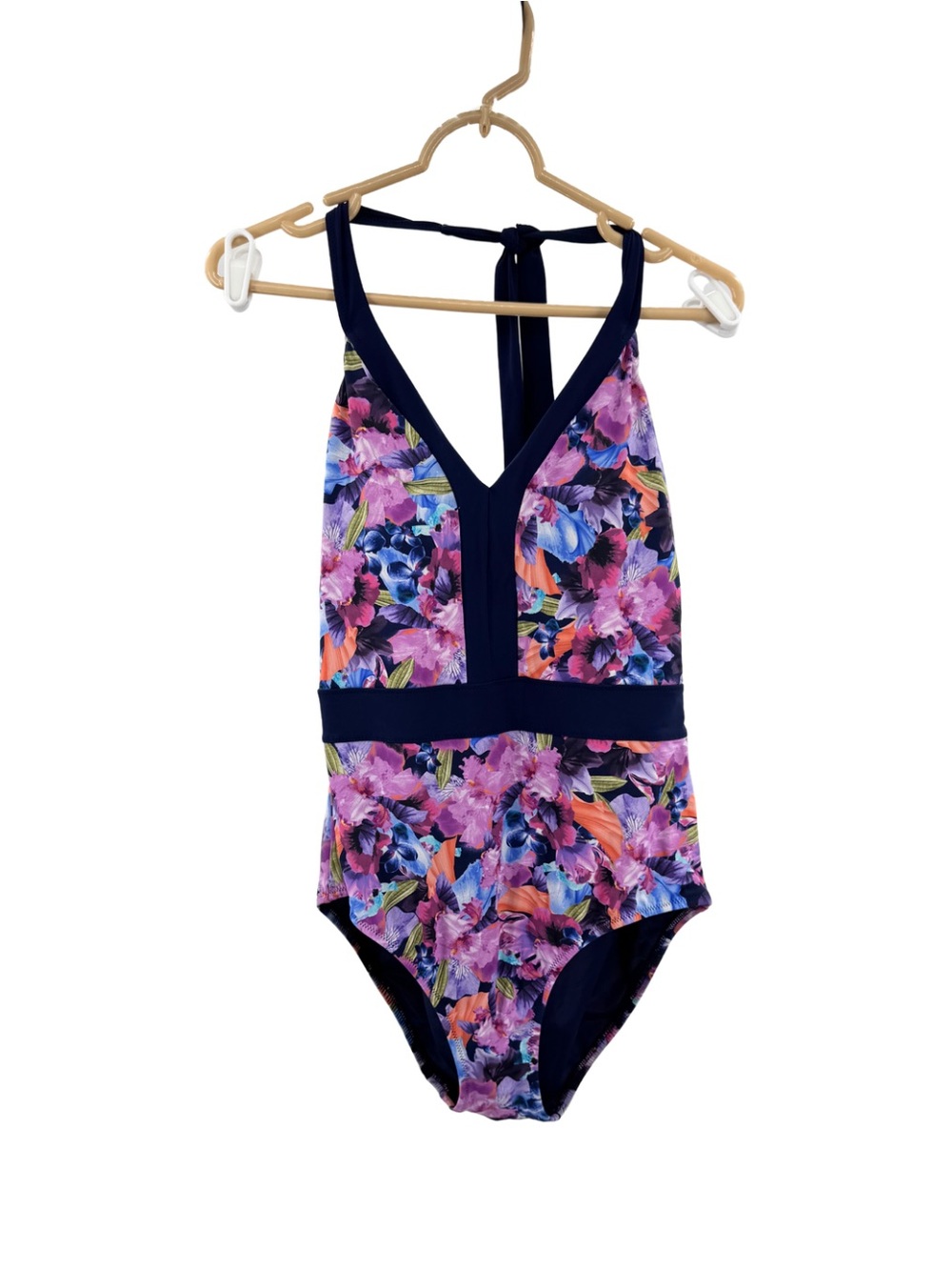 Lands' End Floral One-Piece halter Swimsuit tie neck 14 summer beach vacation